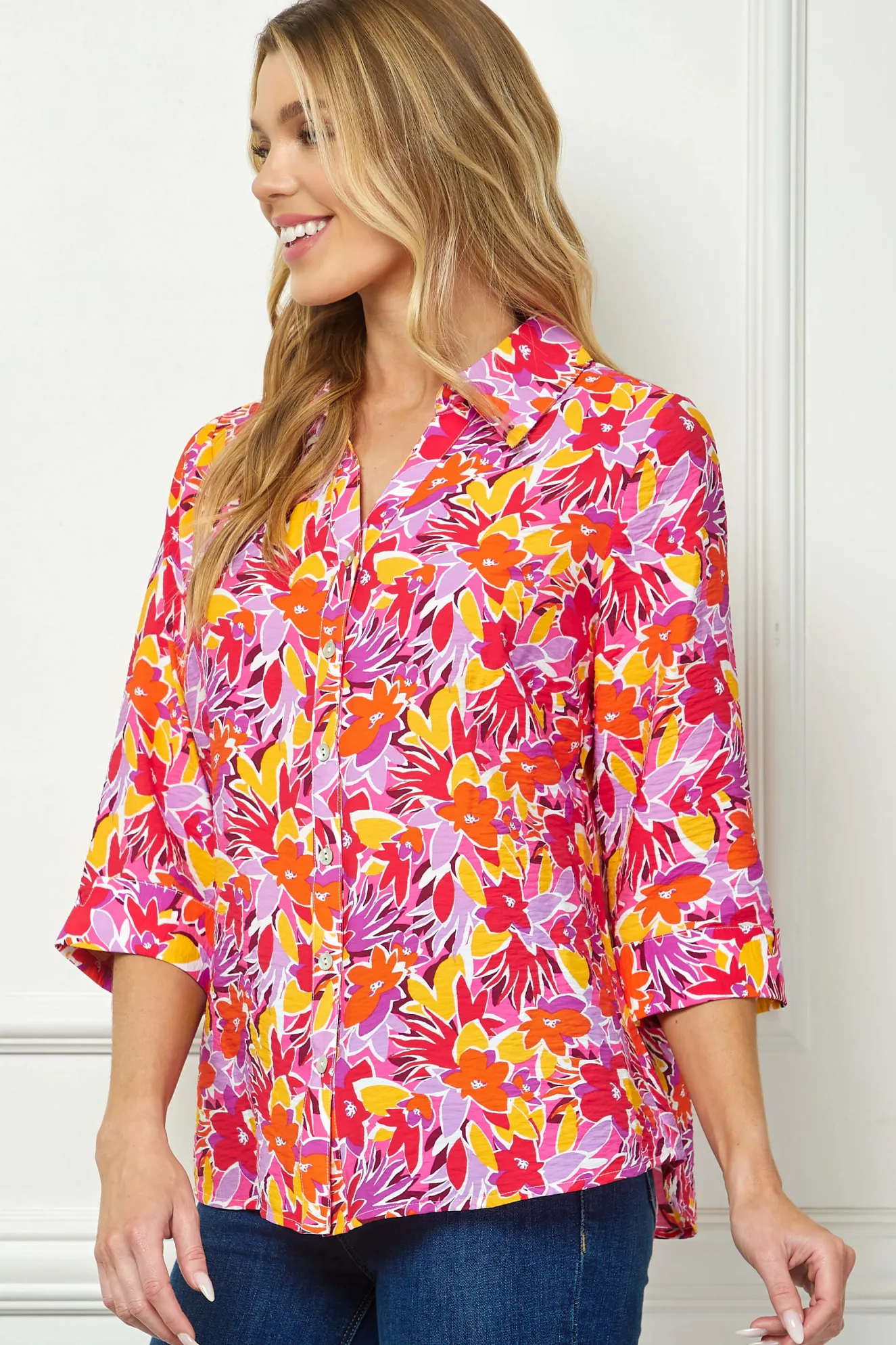 3/4 Sleeve Johnny Collar Button Front Top in Pink