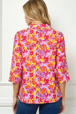 3/4 Sleeve Johnny Collar Button Front Top in Pink