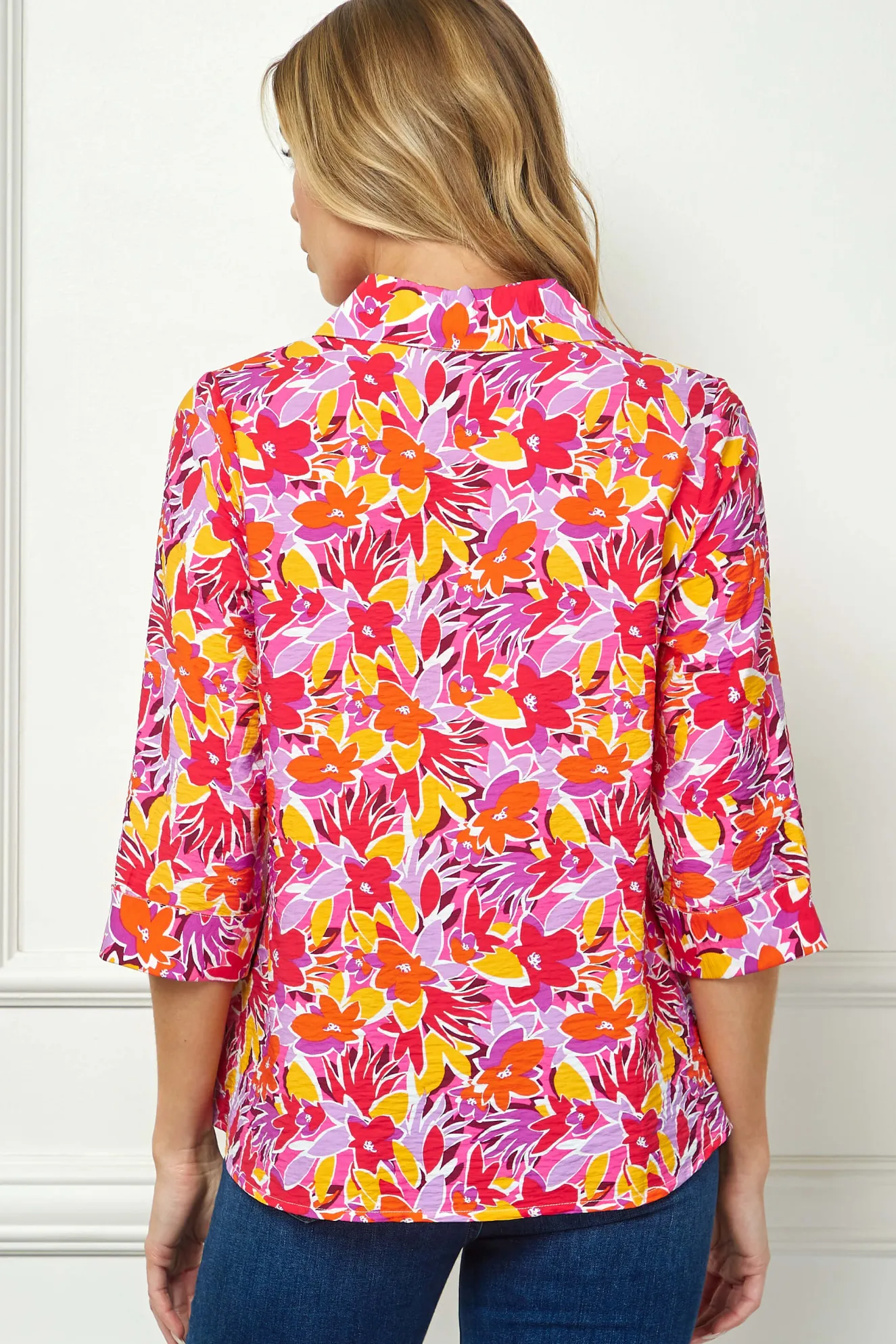 3/4 Sleeve Johnny Collar Button Front Top in Pink