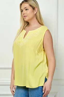 Sleeveless Embroidered Yoke Split Neck Blouse in Yellow - Plus