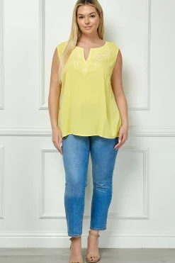 Sleeveless Embroidered Yoke Split Neck Blouse in Yellow - Plus