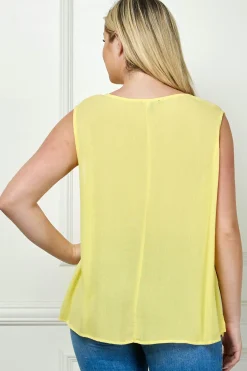 Sleeveless Embroidered Yoke Split Neck Blouse in Yellow - Plus