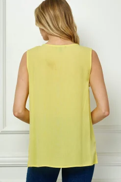 Sleeveless Embroidered Yoke Split Neck Blouse in Yellow