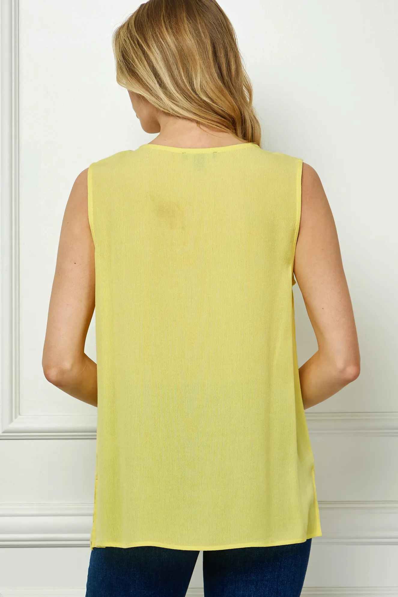 Sleeveless Embroidered Yoke Split Neck Blouse in Yellow