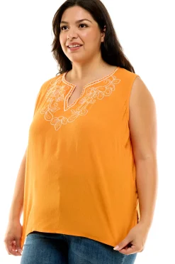 Sleeveless Embroidered Yoke Split Neck Blouse in Orange - Plus