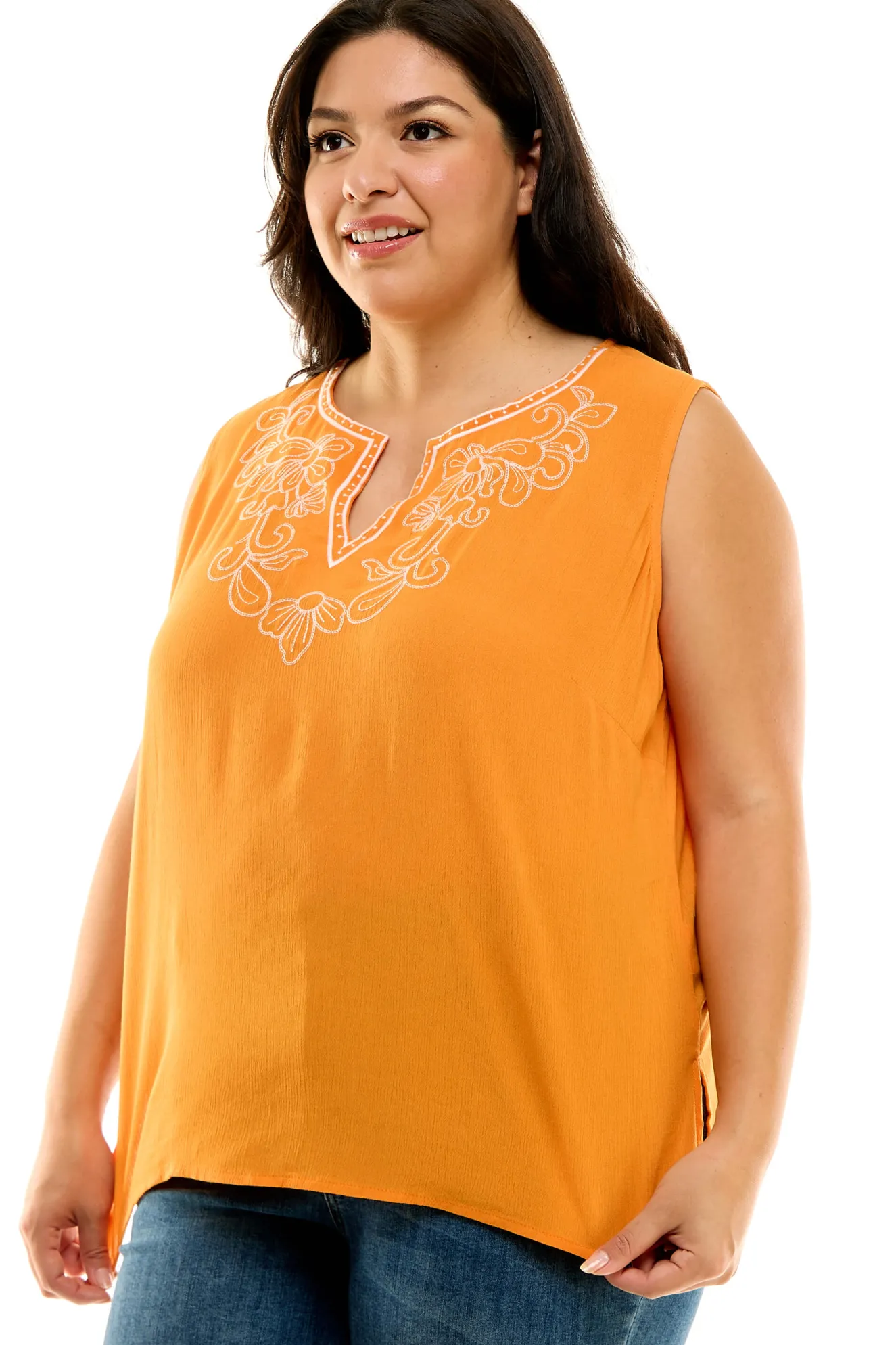 Sleeveless Embroidered Yoke Split Neck Blouse in Orange - Plus