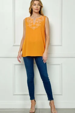 Sleeveless Embroidered Yoke Split Neck Blouse in Orange