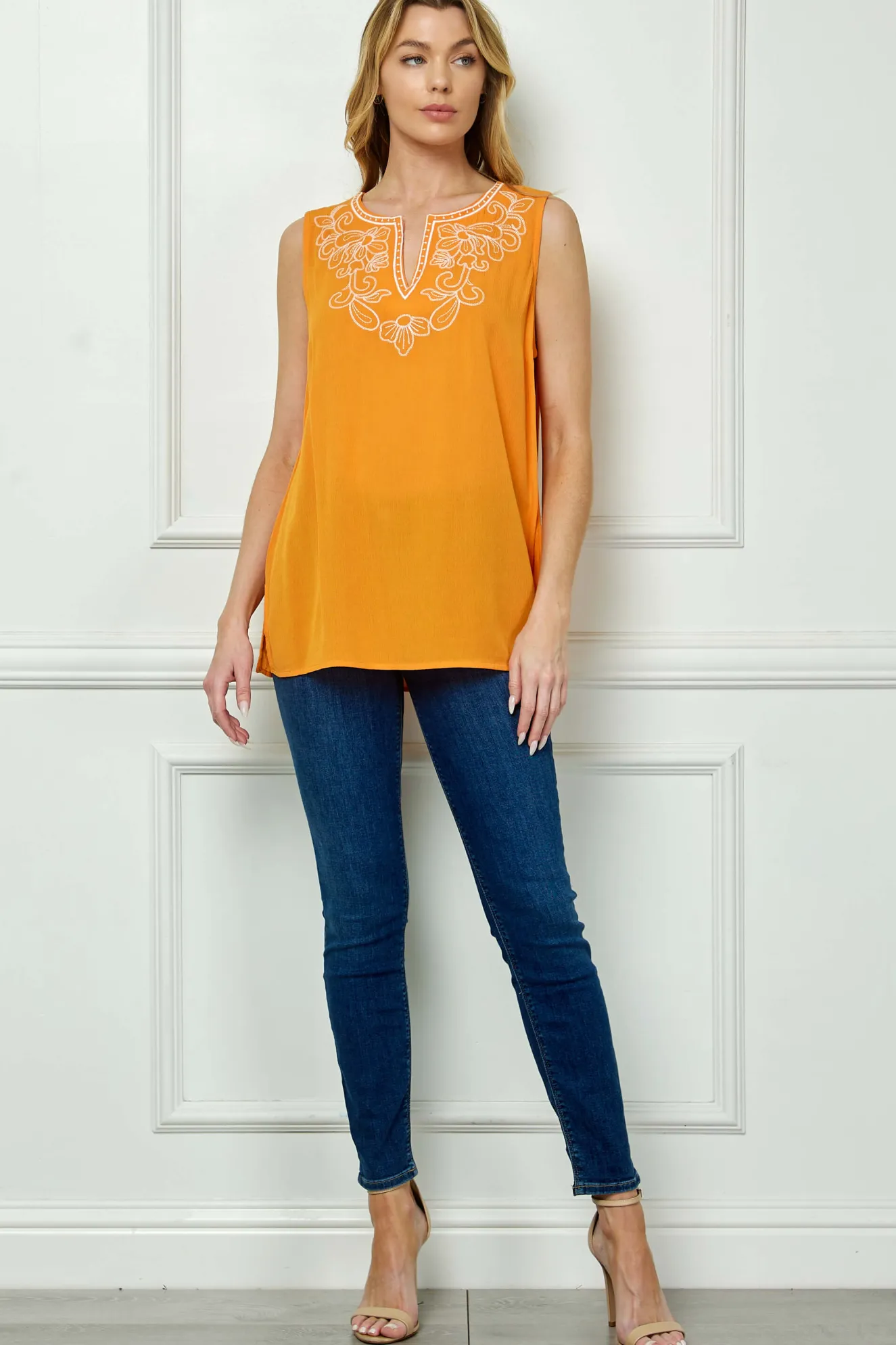 Sleeveless Embroidered Yoke Split Neck Blouse in Orange
