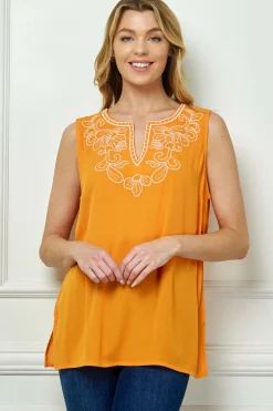 Sleeveless Embroidered Yoke Split Neck Blouse in Orange