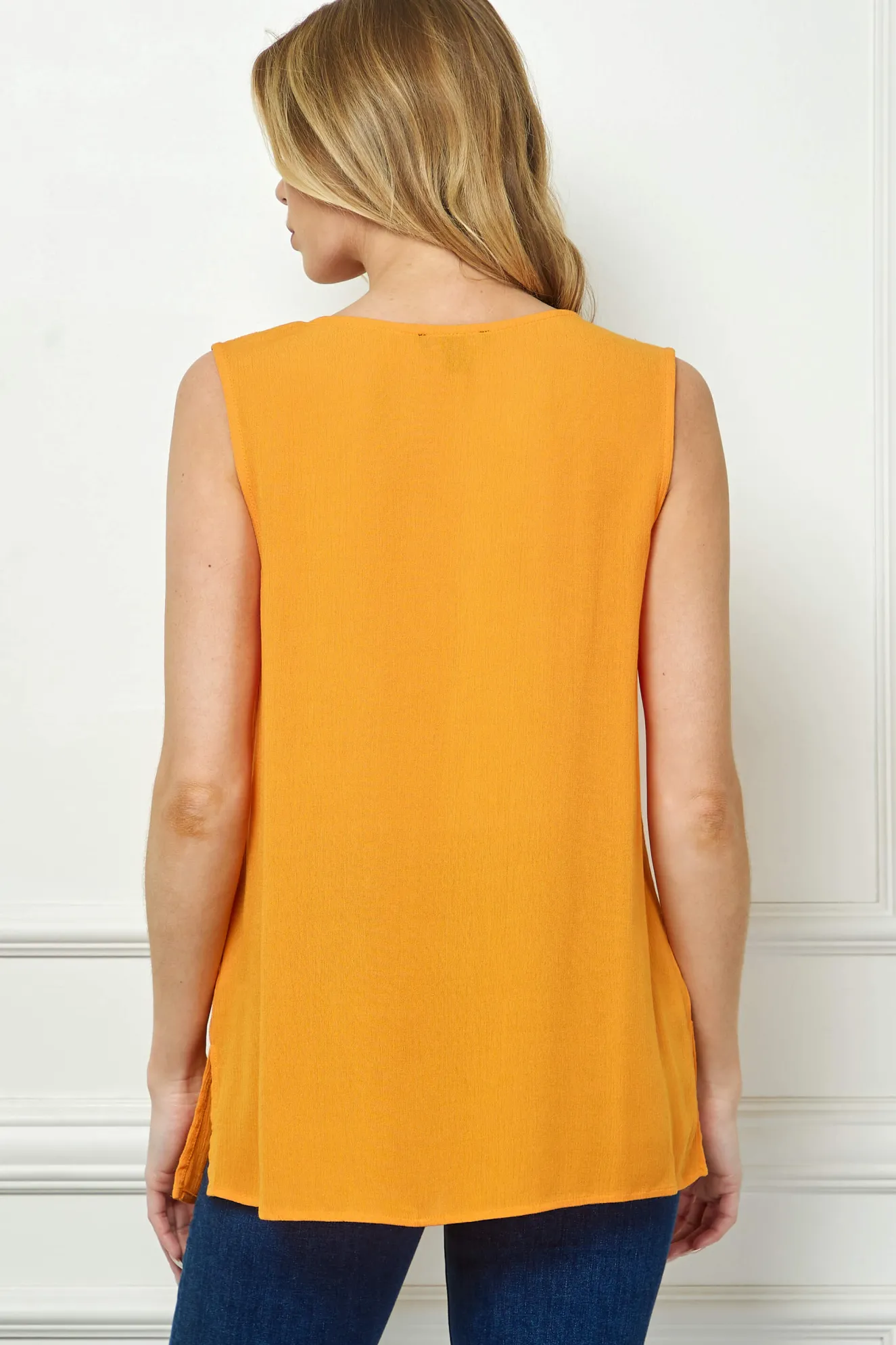 Sleeveless Embroidered Yoke Split Neck Blouse in Orange