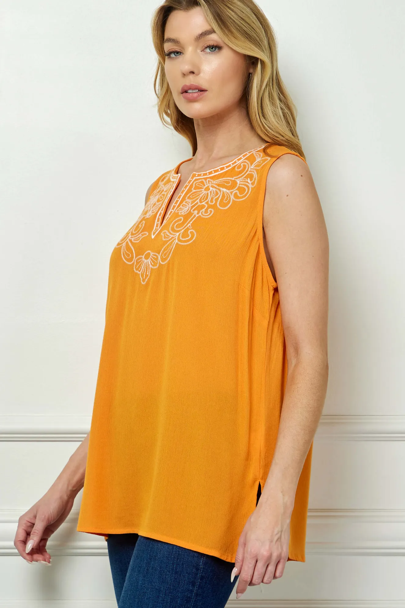 Sleeveless Embroidered Yoke Split Neck Blouse in Orange