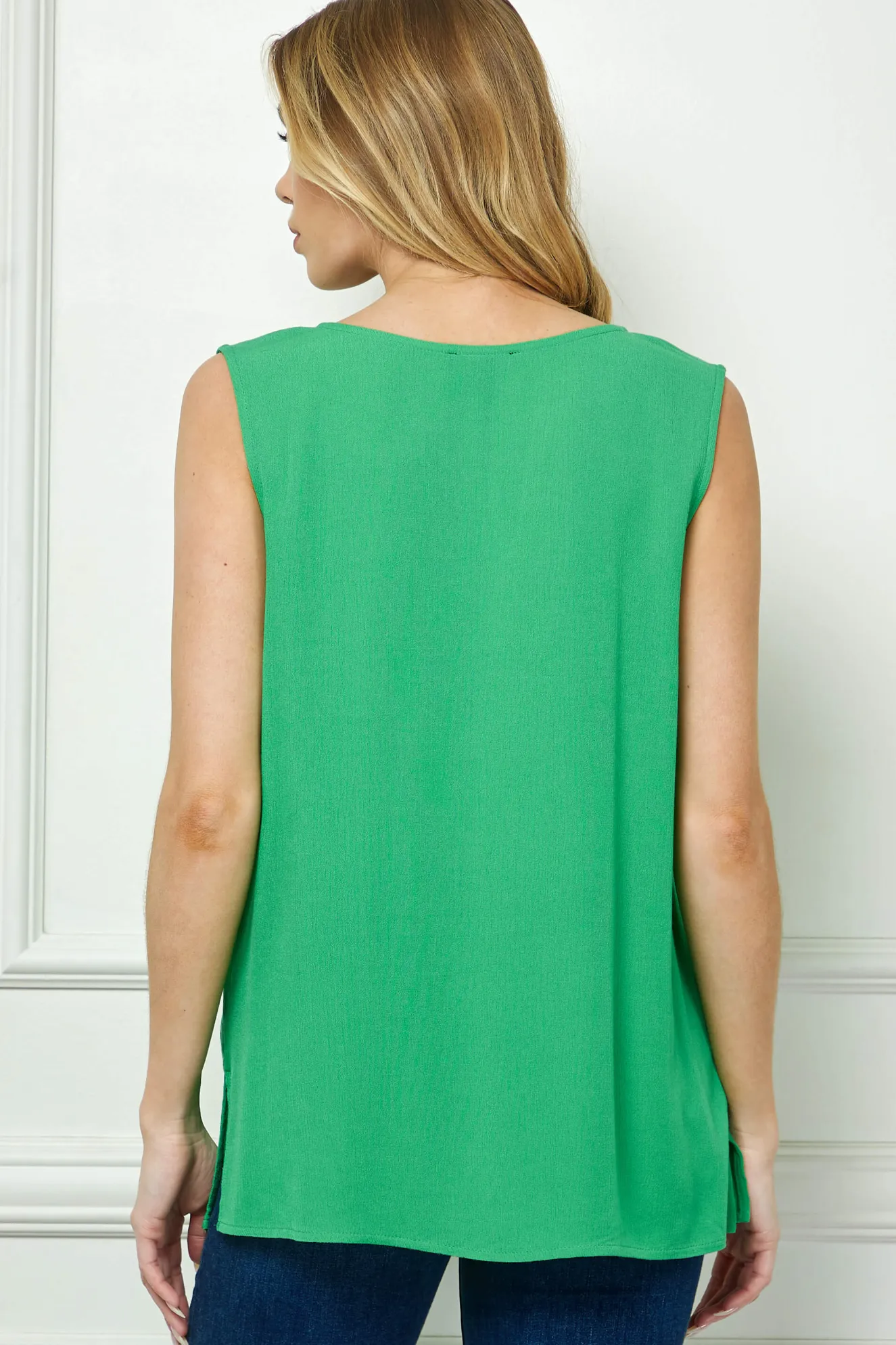 Sleeveless Embroidered Yoke Split Neck Blouse in Kelly Green