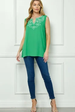 Sleeveless Embroidered Yoke Split Neck Blouse in Kelly Green
