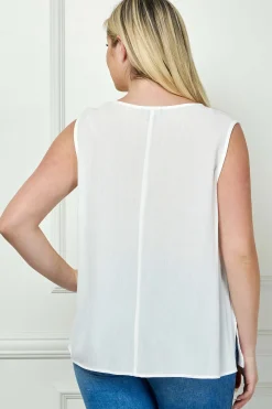 Sleeveless Embroidered Yoke Split Neck Blouse in White- Plus