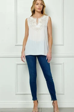 Sleeveless Embroidered Yoke Split Neck Blouse in White