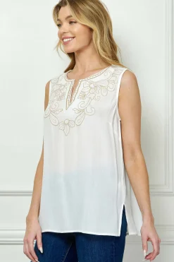 Sleeveless Embroidered Yoke Split Neck Blouse in White