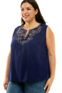 Sleeveless Embroidered Yoke Split Neck Blouse in Navy - Plus