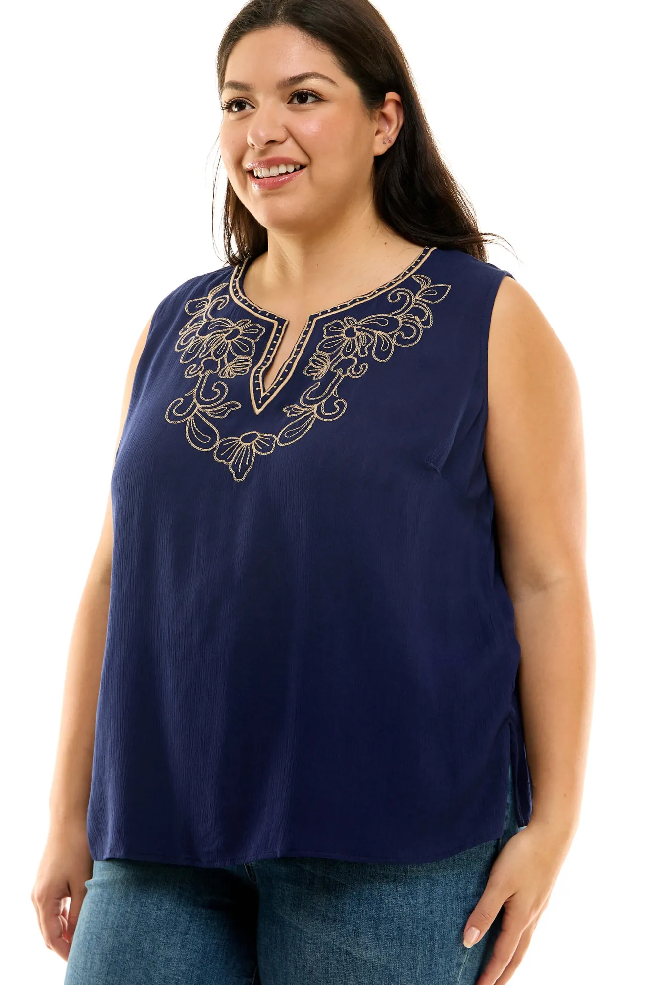 Sleeveless Embroidered Yoke Split Neck Blouse in Navy - Plus