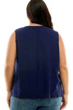 Sleeveless Embroidered Yoke Split Neck Blouse in Navy - Plus