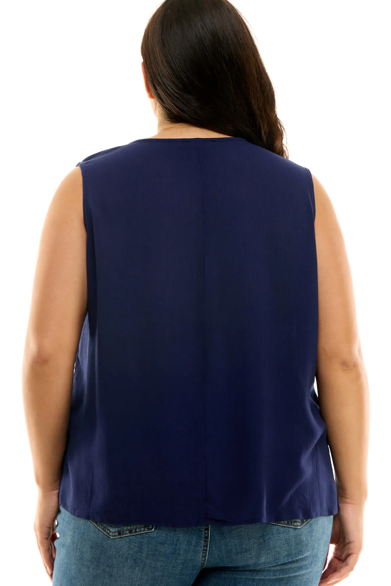 Sleeveless Embroidered Yoke Split Neck Blouse in Navy - Plus