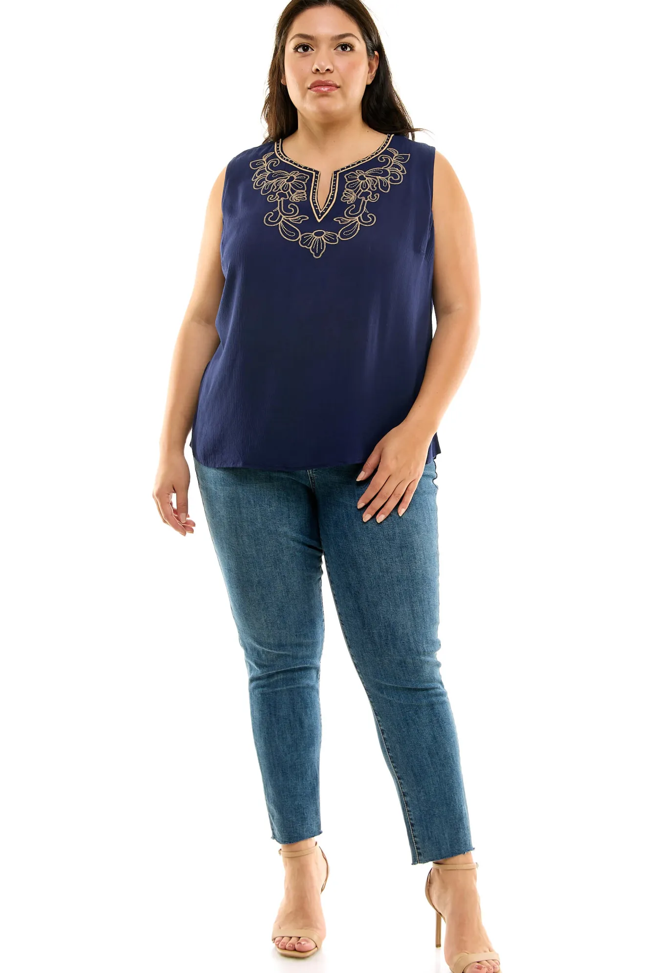 Sleeveless Embroidered Yoke Split Neck Blouse in Navy - Plus