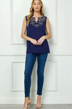 Sleeveless Embroidered Yoke Split Neck Blouse in Navy