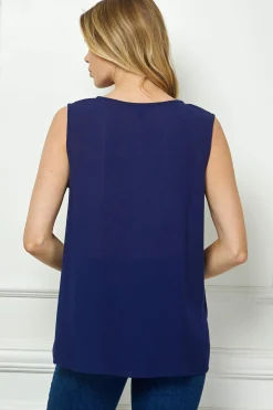 Sleeveless Embroidered Yoke Split Neck Blouse in Navy
