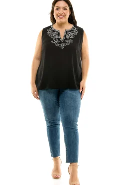 Sleeveless Embroidered Yoke Split Neck Blouse in Black - Plus