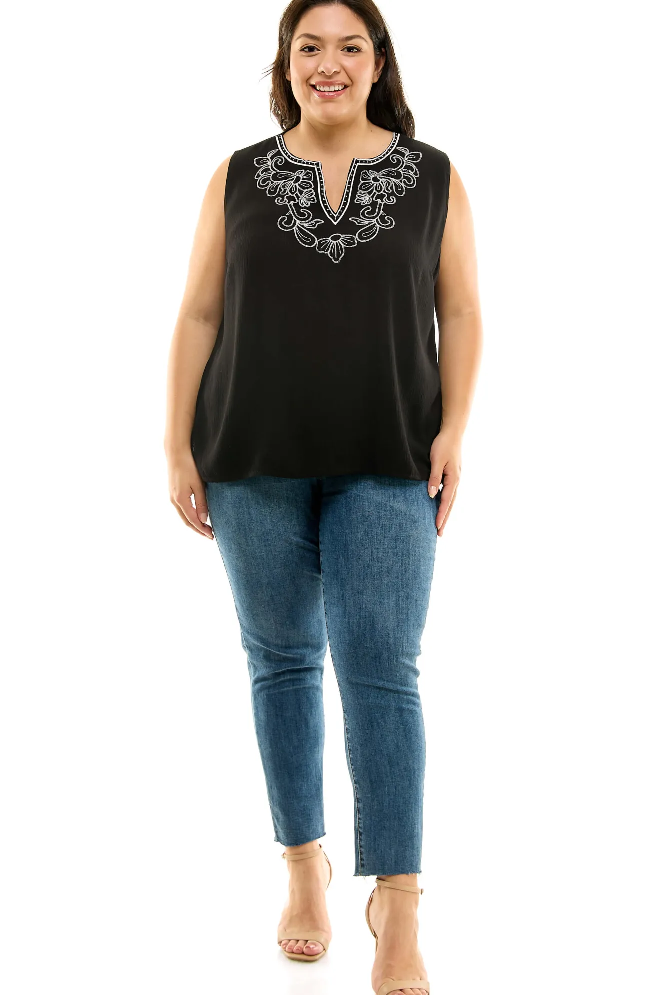 Sleeveless Embroidered Yoke Split Neck Blouse in Black - Plus