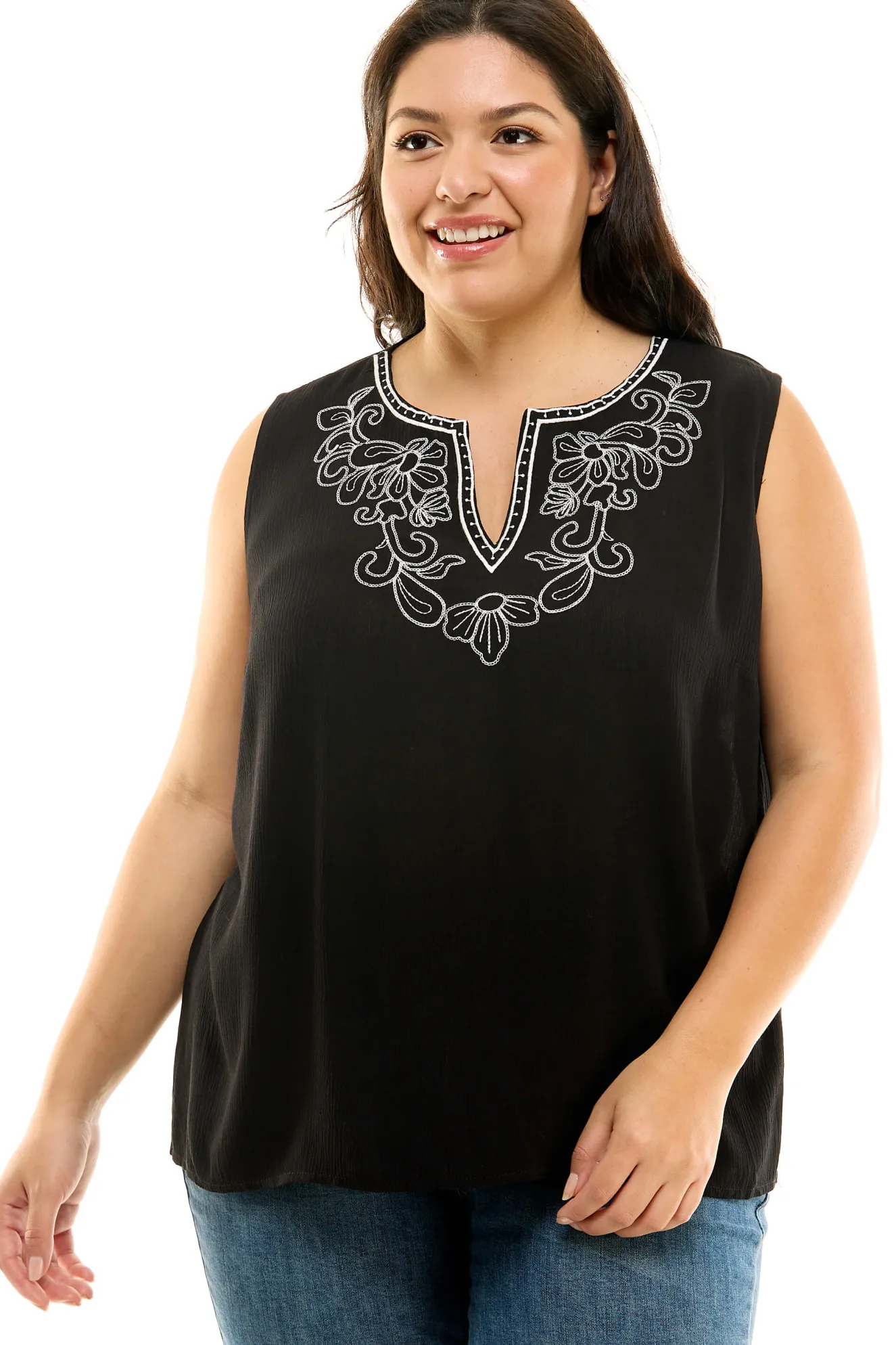 Sleeveless Embroidered Yoke Split Neck Blouse in Black - Plus