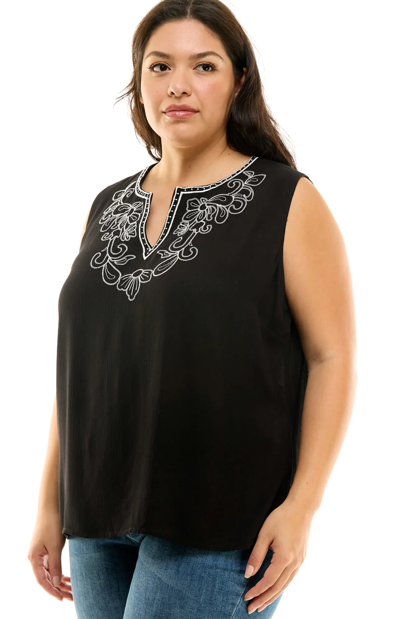 Sleeveless Embroidered Yoke Split Neck Blouse in Black - Plus