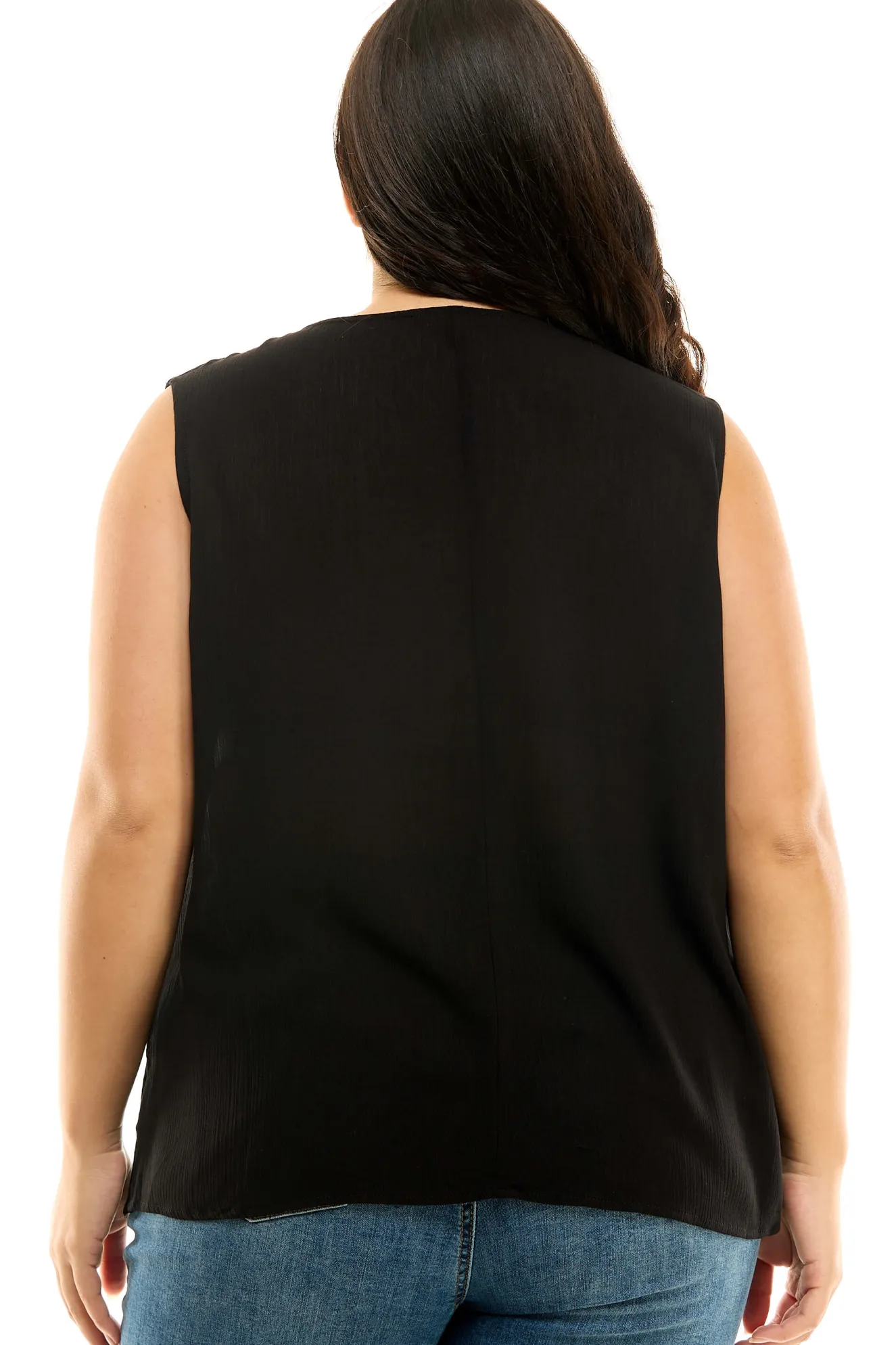 Sleeveless Embroidered Yoke Split Neck Blouse in Black - Plus