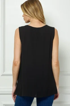 Sleeveless Embroidered Yoke Split Neck Blouse in Black