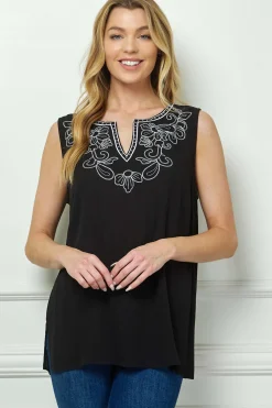 Sleeveless Embroidered Yoke Split Neck Blouse in Black