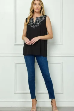 Sleeveless Embroidered Yoke Split Neck Blouse in Black