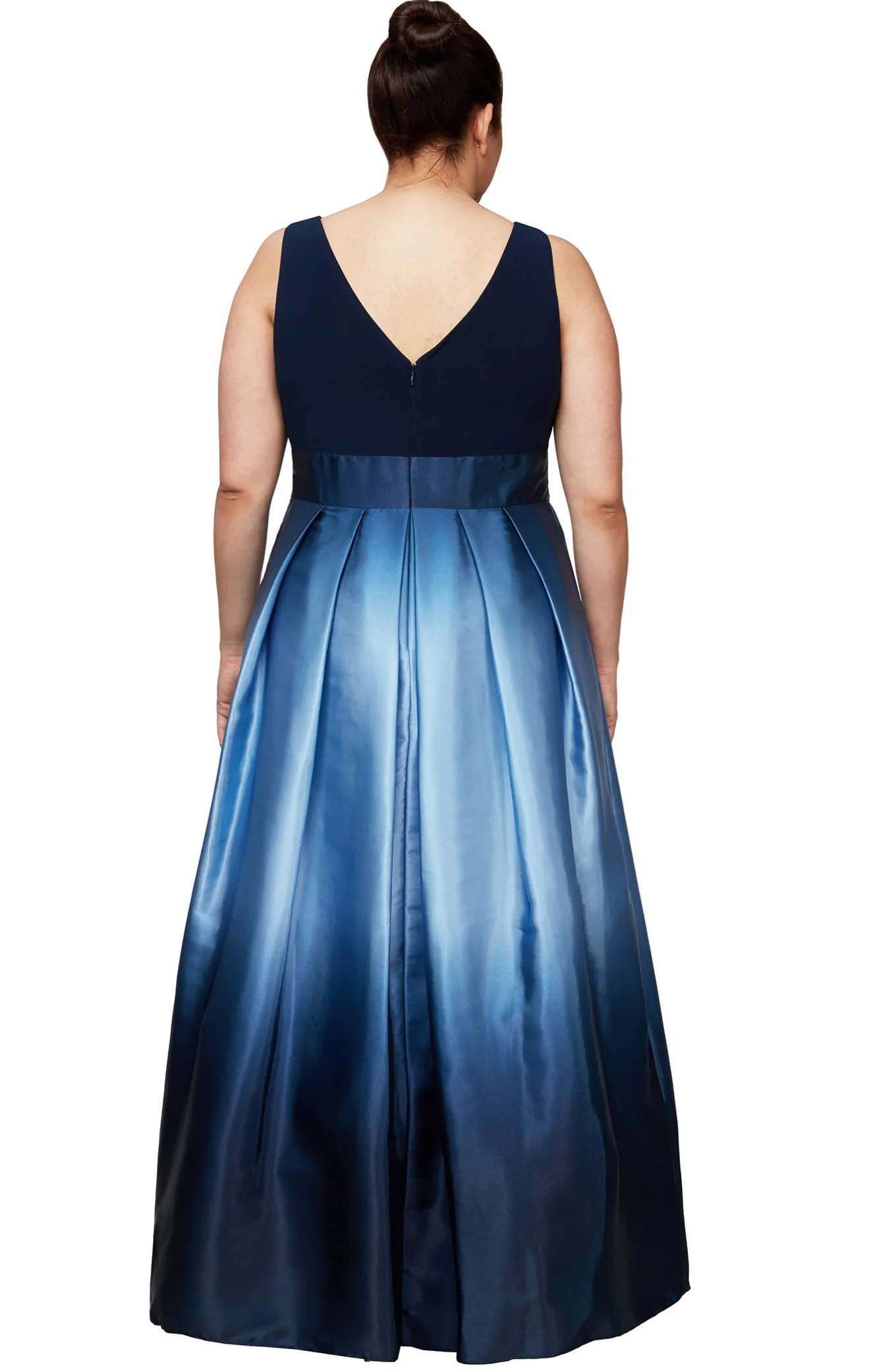 Sleeveless Gown with Satin Ombre Skirt & Tie Belt - Nvy - Plus