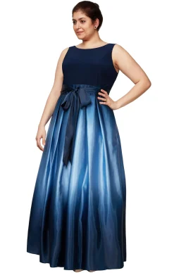 Sleeveless Gown with Satin Ombre Skirt & Tie Belt - Nvy - Plus