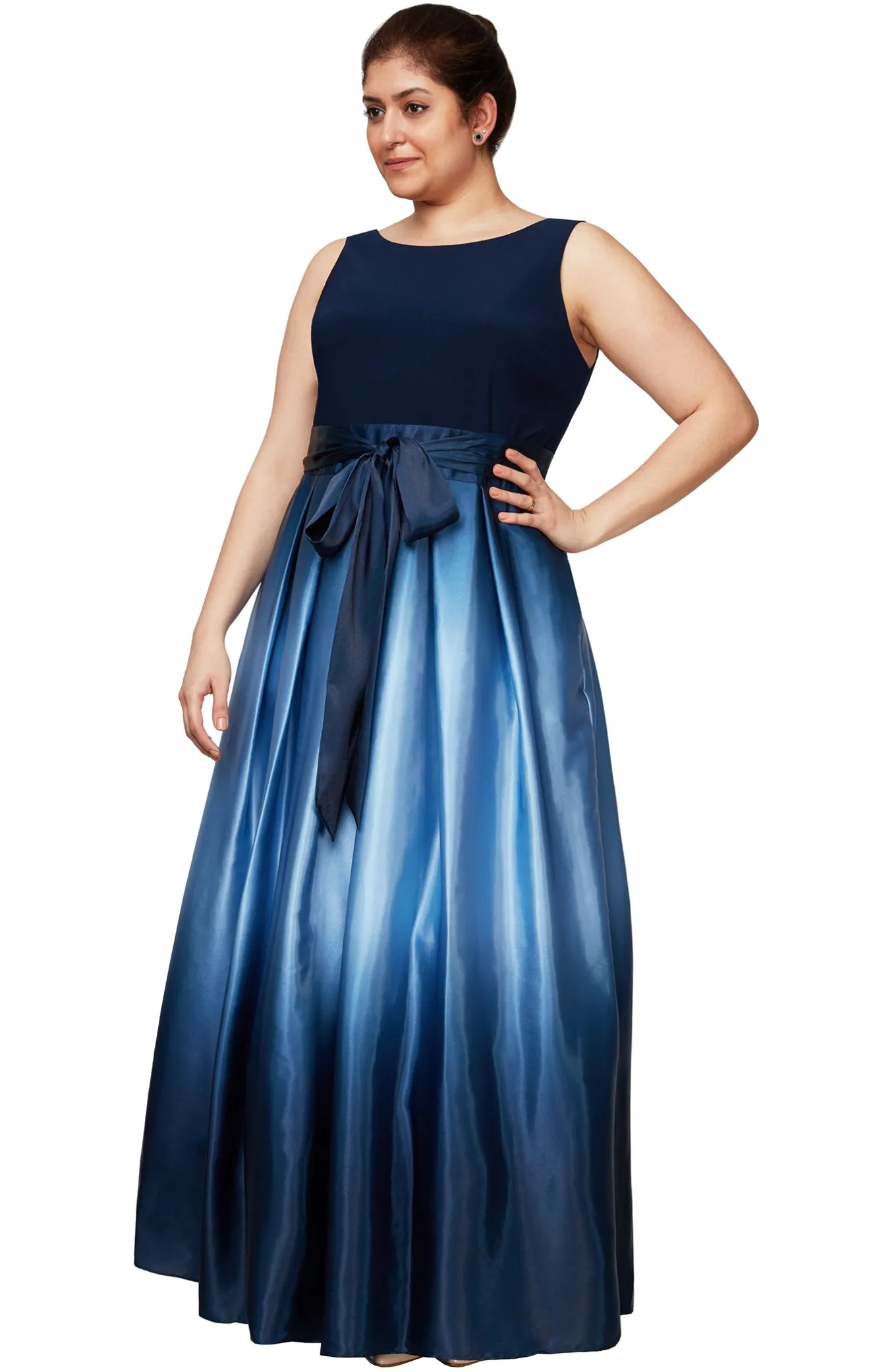 Sleeveless Gown with Satin Ombre Skirt & Tie Belt - Nvy - Plus