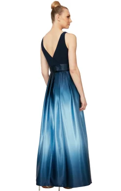 Sleeveless Gown with Satin Ombre Skirt & Tie Belt - Navy