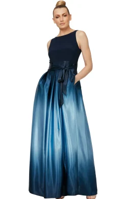 Sleeveless Gown with Satin Ombre Skirt & Tie Belt - Navy