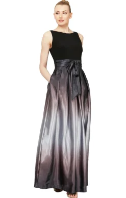 Sleeveless Gown with Satin Ombre Skirt & Tie Belt - Black Silver