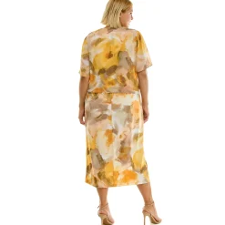 Sleeveless Maxi Dress With Separate Front Tie Shrug In Sage/Yellow/Taupe - Plus