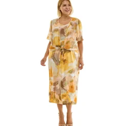 Sleeveless Maxi Dress With Separate Front Tie Shrug In Sage/Yellow/Taupe - Plus