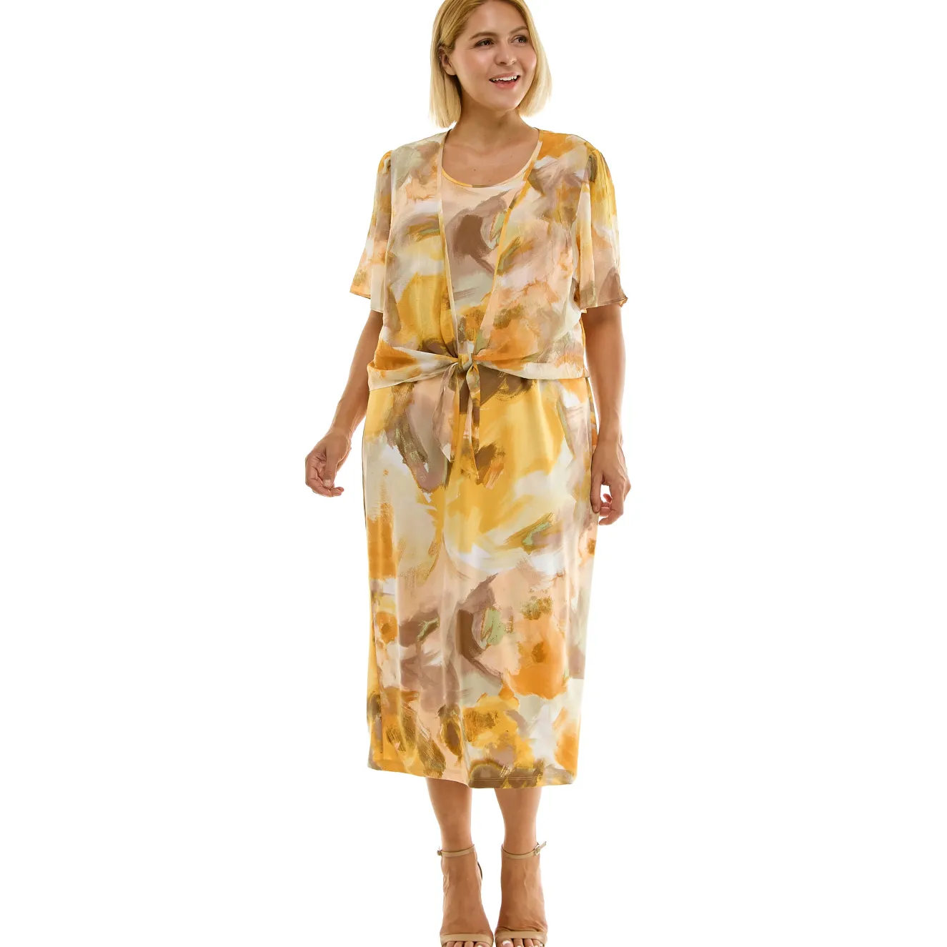 Sleeveless Maxi Dress With Separate Front Tie Shrug In Sage/Yellow/Taupe - Plus