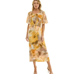 Sleeveless Maxi Dress With Separate Front Tie Shrug In Sage/Yellow/Taupe