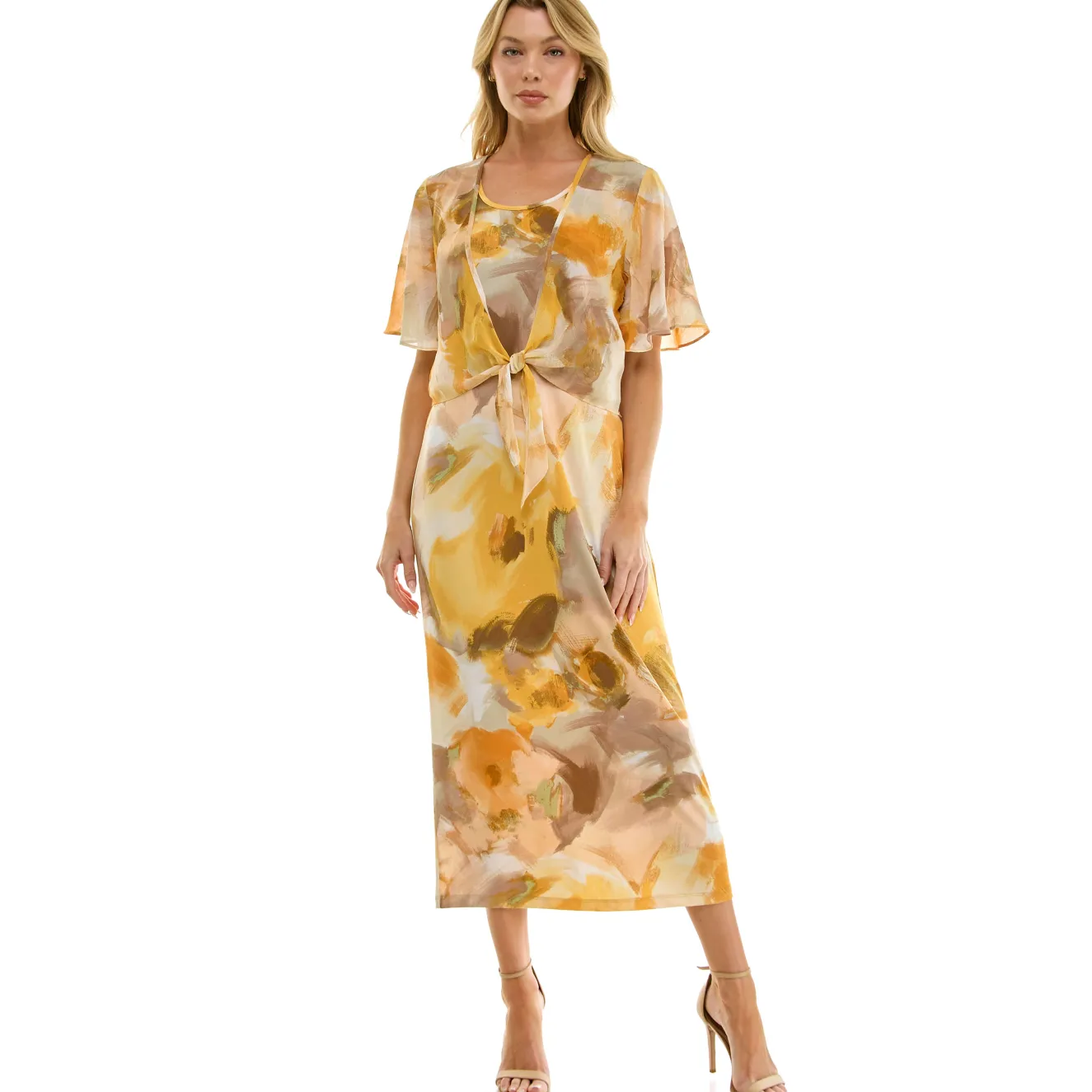 Sleeveless Maxi Dress With Separate Front Tie Shrug In Sage/Yellow/Taupe