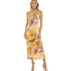Sleeveless Maxi Dress With Separate Front Tie Shrug In Sage/Yellow/Taupe