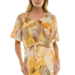Sleeveless Maxi Dress With Separate Front Tie Shrug In Sage/Yellow/Taupe