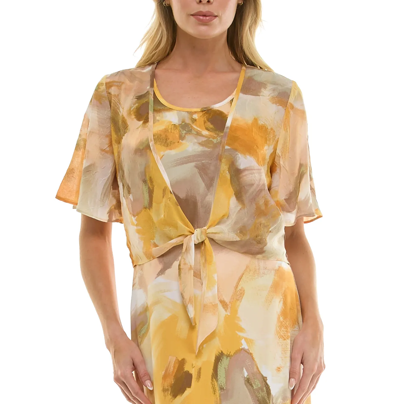Sleeveless Maxi Dress With Separate Front Tie Shrug In Sage/Yellow/Taupe