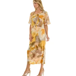 Sleeveless Maxi Dress With Separate Front Tie Shrug In Sage/Yellow/Taupe